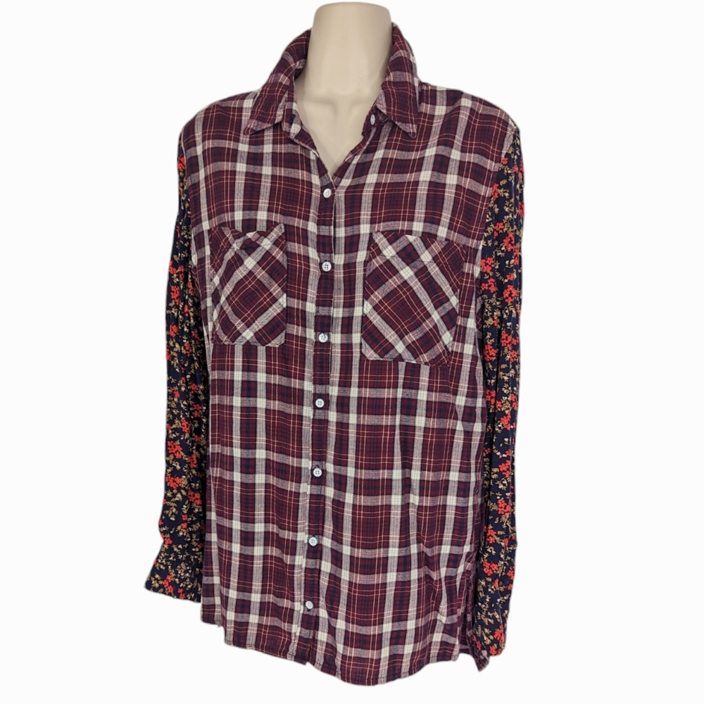 BETHANY MOTA Mixed Print Floral Plaid Button Down Shirt Sz S